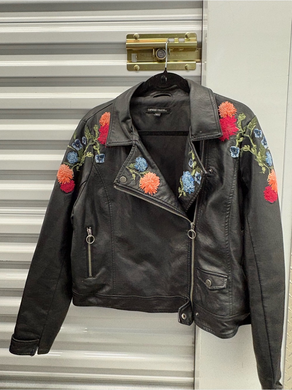 CAPSULE Black Flower Embroidered Faux-Leather Moto Jacket